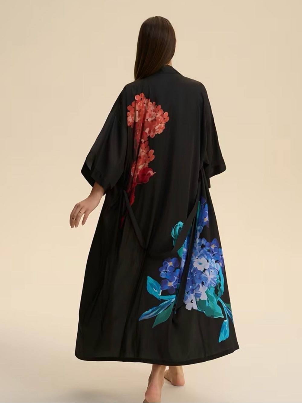 Black Floral Long Kimono Robe with Blue & Red Blooms